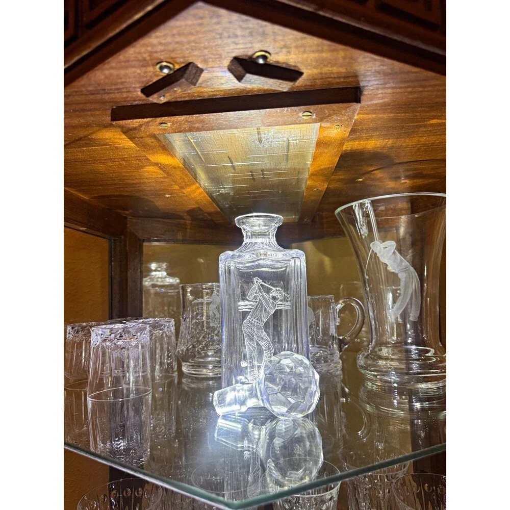 Golf Edinburgh Crystal Decanter Set w/ Stopper & 4 Glasses, 2 tankards, Vase 9pc